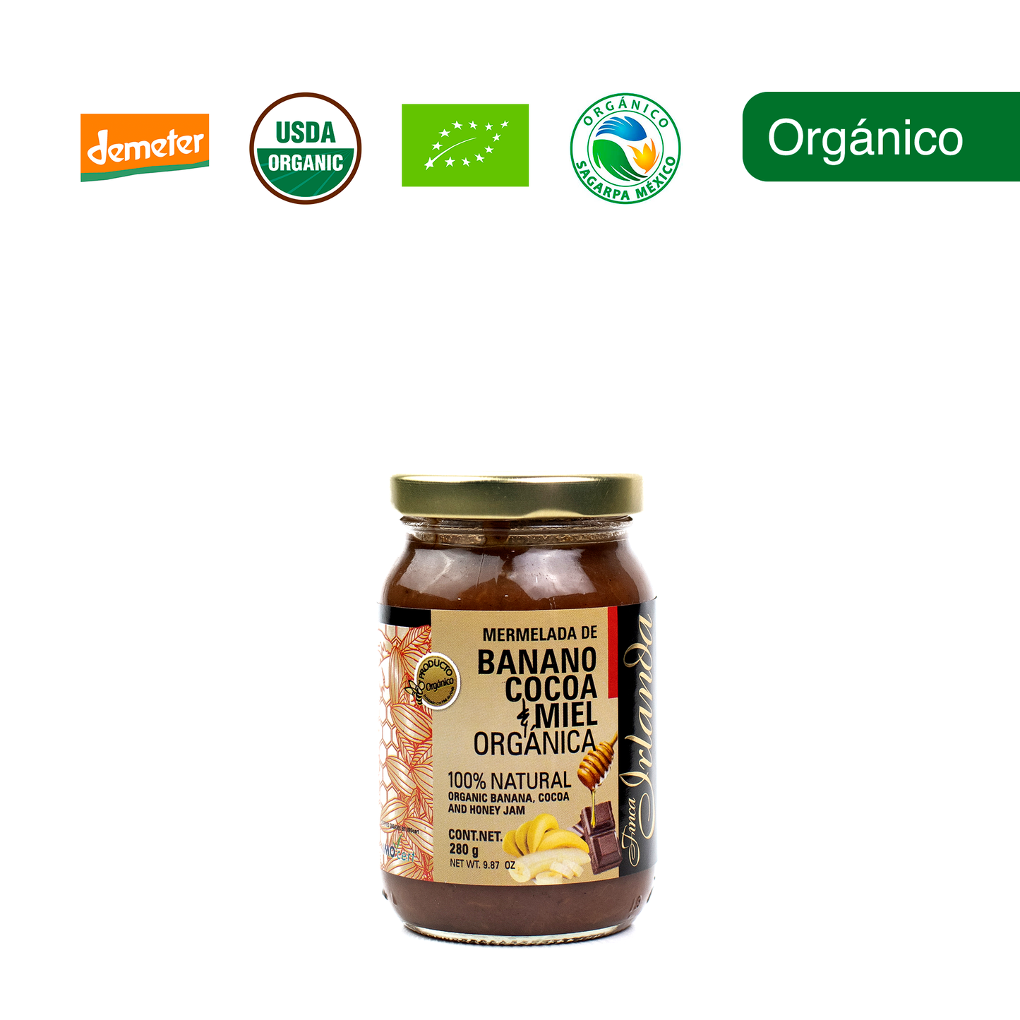 Mermelada de Banana, Cacao y Miel Orgánica Finca Irlanda 280G.